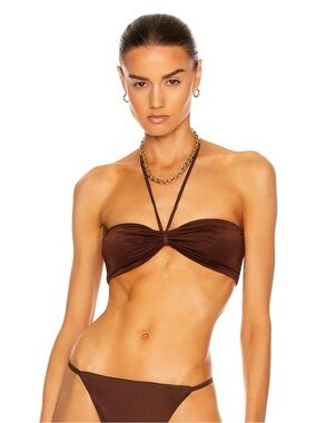 Aexae Chocolate Brown Bandeau Bikini Top Halter Strap Swim Size S NWT